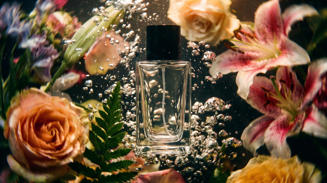 Flacon de parfum entouré de fleurs illustrant le choix des notes olfactives