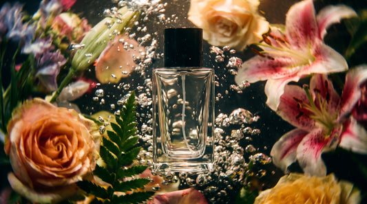 Flacon de parfum entouré de fleurs illustrant le choix des notes olfactives